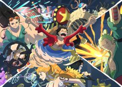  2girls 6+boys afro alternate_form arm_tattoo black_hair blonde_hair blue_dress blue_shorts brook_(one_piece) commentary crown dress earrings eyewear_on_head facial_hair fire franky_(one_piece) goatee green_hair hair_slicked_back hat holding holding_sword holding_weapon jewelry long_hair long_nose monkey_d._luffy multiple_boys multiple_girls nami_(one_piece) nico_robin one_piece orange_hair ponytail red_shirt robot roronoa_zoro sanji_(one_piece) sash scar scar_on_face sergiromero shirt short_hair shorts sideburns skeleton smile stitched_torso stitches straw_hat straw_hat_pirates sword tattoo tony_tony_chopper usopp weapon yellow_sash 