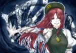  blue_eyes braid china_dress chinese_clothes dragon earrings eastern_dragon hat highres hong_meiling jewelry long_hair red_hair redhead rikune smile solo touhou twin_braids 