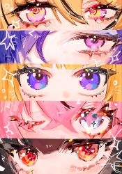  +_+ 5girls @_@ aria_(zenless_zone_zero) black_hair blonde_hair blue_eyes close-up column_lineup commentary crossed_bangs english_commentary hair_between_eyes hair_over_one_eye highres ju_fufu multiple_girls nangong_yu one_eye_closed pink_eyes pink_hair pof_h0 promeia_(zenless_zone_zero) purple_hair red_eyes star_(symbol) violet_eyes yidhari_murphy zenless_zone_zero 