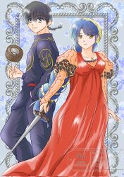  1boy 1girl black_hair black_pants blue_background blue_hair braid commentary_request cosplay cross cross_necklace dress gakogako4452 hand_in_pocket hat highres holding holding_sword holding_weapon jewelry juliet_capulet juliet_capulet_(cosplay) juliet_sleeves long_sleeves necklace pants puffy_sleeves ranma_1/2 red_dress roll_of_tape saotome_ranma single_braid smile sword tendou_akane watermark weapon yellow_hat 