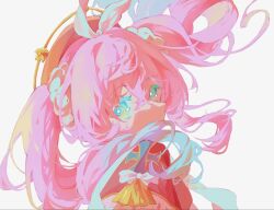  1girl aqua_eyes aqua_hair beret commentary dress drill_hair floating_hair hair_between_eyes hair_intakes hat highres honkai:_star_rail honkai_(series) hyacine_(honkai:_star_rail) long_hair looking_at_viewer multicolored_hair pink_hair red_dress red_hat sakuraranndo simple_background solo turning_head twin_drills two-tone_hair upper_body white_background 