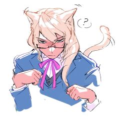  1boy ? ace_attorney animal_ears apollo_justice:_ace_attorney bishounen blonde_hair blue_eyes blue_suit boobyfulbright cat_boy cat_ears cat_tail drill_hair glasses hair_between_eyes hair_over_shoulder highres jacket kristoph_gavin looking_at_viewer male_focus solo spoken_question_mark suit tail 