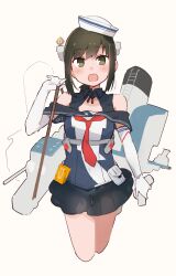  1girl absurdres adapted_turret autocannon black_hair black_sailor_collar black_skirt bofors_40_mm_gun breasts cannon commentary_request cosplay depth_charge dixie_cup_hat elbow_gloves fubuki_(kancolle) gloves hat highres kantai_collection looking_at_viewer low_ponytail ma_rukan military_hat neckerchief off-shoulder_shirt off_shoulder open_mouth ponytail red_neckerchief richard_p._leary_(kancolle) richard_p._leary_(kancolle)_(cosplay) rigging sailor_collar sailor_shirt school_uniform serafuku ship_turret shirt short_hair short_ponytail skirt smile smokestack solo white_gloves white_hat 