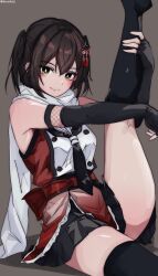  1girl asymmetrical_legwear black_gloves black_hair black_neckerchief black_skirt brown_eyes buttons double-breasted elbow_gloves fingerless_gloves gloves grey_background highres kantai_collection kneehighs leg_up miron_(mirona33) neckerchief pleated_skirt red_shirt sailor_collar sailor_shirt scarf school_uniform sendai_(kancolle) sendai_kai_ni_(kancolle) serafuku shirt short_hair single_kneehigh single_sock single_thighhigh skirt socks solo thigh-highs two_side_up uneven_legwear white_sailor_collar white_scarf 