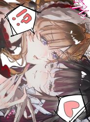  !? 2girls bare_shoulders black_hair blue_eyes blush brown_hair cheek-to-cheek cheek_press closed_eyes columbina_(genshin_impact) commentary detached_collar detached_sleeves dress eye_mask genshin_impact hair_ornament headdress heads_together heart highres holding_another's_wrist long_hair looking_at_another mask multicolored_hair multiple_girls parted_lips purple_hair sandrone_(genshin_impact) spoken_heart two-tone_hair untranslatable_commentary yukari_007 yuri 