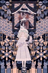  2girls absurdres blonde_hair boku_(isizakitakasi) commentary_request eye_symbol fedora full_body hat highres looking_at_viewer maribel_hearn mob_cap multiple_girls picture_frame railroad_tracks road_sign sign straight-on touhou usami_renko wide_brim 