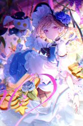 1girl absurdres alice's_adventures_in_wonderland alice_(alice_in_wonderland) alice_(alice_in_wonderland)_(cosplay) alternate_costume alternate_headwear apron ascot black_ascot black_hat blonde_hair blue_dress brooch brown_shoes card commentary_request cosplay dress flandre_scarlet flower gagaku_kawa_rei hat hat_flower highres jewelry looking_at_viewer playing_card pointy_ears purple_flower purple_rose red_eyes rose shoes solo stuffed_animal stuffed_rabbit stuffed_toy touhou waist_apron white_apron white_rabbit_(alice_in_wonderland) wings wrist_cuffs 