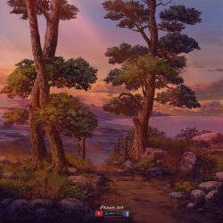  absurdres artist_name artstation_logo blue_sky commentary dirt dusk english_commentary facebook_logo fence gradient_sky grass highres mountainous_horizon no_humans ocean orange_sky original outdoors path rock scenery sicuvn sky sunlight tombstone tree water wooden_fence youtube_logo 