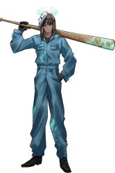 1boy airi_(blue_archive) airi_(blue_archive)_(cosplay) airi_(halloween)_(blue_archive) baseball_bat black_gloves black_shirt black_shoes blue_archive blue_pants blue_shirt brown_eyes brown_hair commentary cosplay gloves green_halo halo hand_in_pocket heathcliff_(project_moon) highres huinyeoul limbus_company long_sleeves male_focus mask mask_on_head medium_hair paint_on_body paint_on_clothes pants project_moon scar scar_on_face scar_on_neck shirt shoes solo tachi-e white_background 