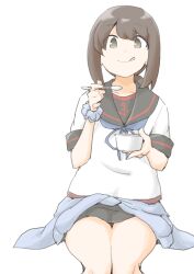  1girl :d akara_kai black_hair black_sailor_collar black_skirt blush clothes_around_waist eating food fubuki_(kancolle) fubuki_kai_ni_(kancolle) green_eyes highres holding holding_food holding_ice_cream ice_cream kantai_collection looking_at_viewer low_ponytail pleated_skirt ponytail sailor_collar school_uniform serafuku short_hair short_ponytail short_sleeves sidelocks sitting skirt smile solo spoon sweater sweater_around_waist white_background 
