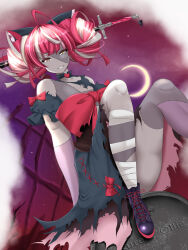  1girl ahoge black_dress character_name closed_mouth colored_skin commentary_request dress gradient_eyes green_eyes grey_skin heterochromia highres hiro_(phese) hololive hololive_indonesia kureiji_ollie kureiji_ollie_(1st_costume) looking_at_viewer medium_hair multicolored_eyes patchwork_skin pink_hair red_eyes red_hair smile solo sword tombstone torn_clothes torn_dress virtual_youtuber weapon yellow_eyes zombie 