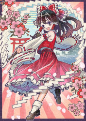  1girl absurdres border bow brown_border brown_eyes brown_hair brown_shoes commentary_request detached_sleeves flower frilled_bow frilled_hair_tubes frilled_skirt frills full_body gohei hair_bow hair_tubes hakurei_reimu highres holding holding_gohei long_hair looking_at_viewer open_mouth outside_border pink_flower red_bow red_skirt ribbon-trimmed_sleeves ribbon_trim shoes skirt skirt_set smile socks solo torii touhou westpeach41 white_socks 