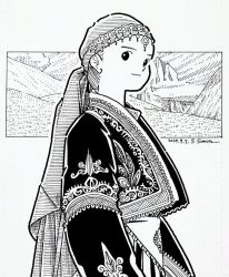  1girl artist_name closed_mouth commentary_request dated georgian_clothes greyscale hat hatching_(texture) jacket linear_hatching looking_at_viewer looking_to_the_side monochrome mountain open_clothes open_jacket original outdoors short_hair skirt smile solo standing traditional_media upper_body zpihr6jprso2r2l 