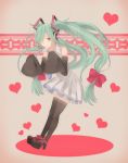  absurdres antennae bad_id bow detached_sleeves dress green_eyes green_hair hair_bow hair_over_one_eye hatsune_miku headset high_heels highres long_hair necktie shoes sinran skirt sleeves_past_wrists solo thigh-highs thighhighs twintails very_long_hair vocaloid 