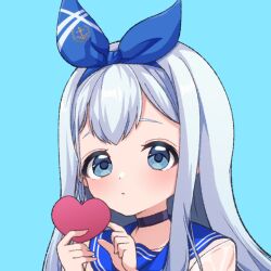  1girl :< anchor_(nikke) anchor_symbol black_choker blue_background blue_eyes blue_hairband blue_ribbon blue_sailor_collar chiji_komari choker closed_mouth commentary_request goddess_of_victory:_nikke grey_hair hair_ribbon hairband heart holding holding_heart long_hair looking_at_viewer ribbon sailor_collar see-through_clothes see-through_shirt shirt simple_background solo upper_body 