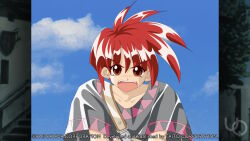  1boy 2000s_(style) angry anime_coloring atelier-moo belt collarbone fangs game_cg grey_shirt hair_between_eyes large_variant_set non-web_source official_art open_mouth pete_ross red_eyes red_hair shirt short_hair short_sleeves solo spiky_hair standing t-shirt upper_body v-shaped_eyebrows variant_set yuukyuu_gensoukyoku 
