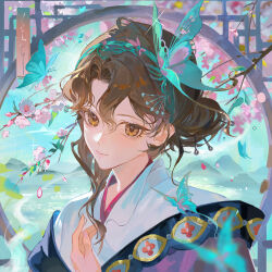  1girl blue_butterfly branch brown_hair bug butterfly chinese_commentary closed_mouth commentary_request eryou flower hair_ornament hand_up highres looking_at_viewer pink_flower portrait reverse:1999 solo tooth_fairy_(reverse:1999) yellow_eyes 