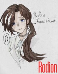  1girl blue_eyes brown_hair character_name choker commentary_request feather_hair_ornament feathers hair_ornament highres light_blush limbus_company lips musical_note nose official_alternate_hairstyle project_moon ring_(identity)_(project_moon) rodion_(project_moon) spoken_musical_note suit upper_body xh_evildoer 