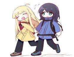  2girls ahoge backpack bag black_pants blonde_hair blue_jacket blue_shoes blush brown_shoes chibi cho_kaguya-hime! closed_eyes commentary_request full_body green_eyes highres holding_hands jacket kaguya_(cho_kaguya-hime!) kilocalories long_sleeves looking_at_another medium_hair multiple_girls no_nose open_mouth pants red_bag sakayori_iroha shoes walking white_background white_bag yellow_jacket 