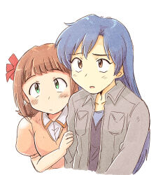  2girls amami_haruka blue_hair bow brown_eyes brown_hair closed_mouth collared_jacket cropped_torso green_eyes grey_jacket hair_bow hand_on_another's_arm idolmaster idolmaster_(classic) jacket kisaragi_chihaya long_hair long_sleeves looking_ahead multiple_girls open_clothes open_jacket pink_shirt red_bow shirt short_hair short_sleeves simple_background tsubobot white_background 