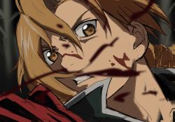  1boy black_jacket blonde_hair blood_on_cheek braid chalian105 clenched_teeth close-up coat commentary_request edward_elric fullmetal_alchemist hair_between_eyes jacket looking_at_viewer male_focus red_coat single_braid solo teeth tree upper_body v-shaped_eyebrows yellow_eyes 