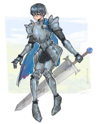  1boy armor blue_cape cape ciel_phantomhive eyepatch full_armor full_body highres holding holding_sword holding_weapon knight kuroshitsuji male_focus milkwavess2 solo sword weapon 