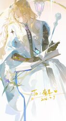  1boy 6_(reverse:1999) absurdres black_gloves blonde_hair blue_eyes book book_on_lap cane dated feet_out_of_frame gloves highres lantern long_hair looking_down male_focus official_alternate_costume open_book reverse:1999 robe sitting solo white_background white_robe youling225 