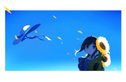  1girl ahoge backlighting black_hair blue_bow blue_dress blue_ribbon blue_sky border bow clear_sky commentary_request dress floating_hair floating_hat flower fubuki_(kancolle) fubuki_(spring)_(kancolle) green_eyes hat hat_bow hat_ribbon highres holding holding_flower kantai_collection looking_at_viewer low_ponytail ma_rukan medium_hair outdoors petals polka_dot polka_dot_dress ponytail ribbon sidelocks signature sky solo sun_hat sunflower upper_body white_border white_hat wind 