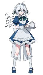  1girl absurdres apron back_bow blue_eyes blue_shoes bow bowtie braid cake cake_slice closed_mouth collared_shirt commentary_request dress food frilled_dress frills full_body gift_art gloves green_bow green_bowtie grey_hair hair_bow highres himadera holding holding_tray izayoi_sakuya kneehighs long_hair looking_at_viewer maid maid_headdress mary_janes puffy_short_sleeves puffy_sleeves shirt shoes short_sleeves simple_background socks solo teapot touhou translation_request tray twin_braids waist_apron white_background white_bow white_gloves white_shirt white_socks 