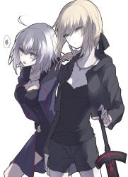  2girls ahoge artoria_pendragon_(fate) backlighting black_bow black_dress black_jacket black_shorts black_tank_top blonde_hair bow breasts closed_mouth coat collarbone cowboy_shot dress empty_eyes excalibur_morgan_(fate) expressionless fate/grand_order fate_(series) fingernails fur-trimmed_coat fur_trim grey_hair hair_between_eyes hair_bow hand_on_another's_shoulder hand_on_own_hip hand_up holding holding_sword holding_weapon hood hooded_jacket jacket jeanne_d'arc_alter_(fate) jeanne_d'arc_alter_(ver._shinjuku_1999)_(fate) jewelry lapels long_hair long_sleeves looking_to_the_side low_ponytail medium_breasts multiple_girls necklace open_clothes open_coat open_jacket open_mouth pale_skin ponytail puffy_long_sleeves puffy_sleeves purple_coat saber_alter saber_alter_(ver._shinjuku_1999) short_dress short_hair shorts sidelocks simple_background small_breasts speech_bubble spoken_squiggle squiggle standing sword tank_top tare_(tonikaku_magaru) tongue v-shaped_eyebrows weapon white_background yellow_eyes yellow_pupils zipper 
