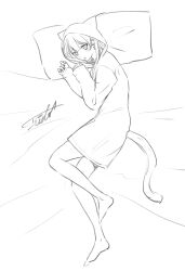  1girl animal_ear_hood animal_ears animal_hood barefoot cat_ears cat_girl cat_hood cat_tail commentary_request full_body greyscale head_on_pillow highres hood hood_up kemonomimi_mode link!_like!_love_live! long_hair long_hoodie looking_at_viewer love_live! lying mole mole_on_neck monochrome murano_sayaka on_side pillow signature solo suito tail virtual_youtuber 