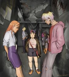  1other 2boys 3girls artist_name backwards_hat black_hair black_shorts blonde_hair blue_hat brown_jacket collared_shirt commentary crossbody_bag dark_skin dilapidated english_commentary gangle_(the_amazing_digital_circus) gradient_hair hands_in_pockets hat highres hood hoodie humanization jacket jax_(the_amazing_digital_circus) kinger_(the_amazing_digital_circus) marmela877 multicolored_hair multiple_boys multiple_girls orange_shoes pink_hair pink_hoodie pomni_(the_amazing_digital_circus) purple_hair purple_skirt ragatha_(the_amazing_digital_circus) red_hair red_hat red_shirt roots_(hair) shirt shoes shorts skirt the_amazing_digital_circus two-tone_hat white_shirt zooble_(the_amazing_digital_circus) 
