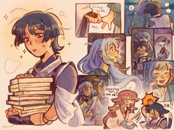  >_< 2boys 2girls against_wall alternate_costume alternate_hairstyle alternate_universe animal_ears arm_at_side arm_up armor arms_around_neck artist_name black_hair blank_eyes blunt_ends blush book book_stack bow cat_boy cat_ears cat_tail choppy_bangs clenched_hand closed_mouth clouds cloudy_sky constricted_pupils doll_joints earrings eyachim eyeliner facing_another facing_viewer fang feathers fingernails flying_sweatdrops fox_ears fox_girl genshin_impact gold_earrings green_haori green_sleeves grey_bow hair_down haori happy head_bump head_on_another's_shoulder hetero hiding highres holding holding_book holding_finger imagining japanese_armor japanese_clothes jewelry joints kamisato_ayaka kariginu kosode kote kurokote layered_sleeves leaning_on_person long_sleeves looking_up lower_teeth_only makeup miko mole mole_on_neck multiple_boys multiple_girls night open_hand open_mouth pink_hair pinky_out pom_pom_(clothes) purple_sleeves red_eyeliner red_lips red_sleeves scaramouche_(genshin_impact) scaramouche_(kabukimono)_(genshin_impact) short_sleeves sky sleeping smack string sweatdrop tail tearing_up teeth tongue triangle_mouth violet_eyes white_hair white_sleeves wide-eyed wide_sleeves yae_miko yellow_feathers 