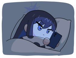  black_hair blanket blue_archive blue_halo cellphone chibi commentary_request halo highres korean_commentary meme on_bed pangtanto phone pillow quilt saori_(blue_archive) 