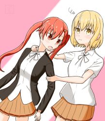  2girls bellwall_school_uniform black_jacket black_ribbon blonde_hair breasts brown_skirt chest_ribbon collared_shirt girls_und_panzer girls_und_panzer_little_army hair_ornament hairpin highres jacket jealous kan_(pixiv_115318744) large_breasts lock long_hair long_sleeves miniskirt multiple_girls nakasuga_emi orange_eyes orange_hair pleated_skirt pout red_eyes red_hair ribbon school_uniform shirt short_hair short_sleeves skirt twintails white_shirt yellow_eyes yuzumoto_hitomi 