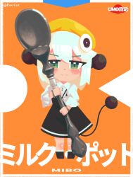  1girl absurdres artist_name black_skirt blush bracelet brown_shoes buttons chibi euki_(eukicat) green_eyes hair_ornament hat highres holding holding_spoon improvised_weapon jewelry loli long_sleeves original shirt shoes skirt socks solo sphere_hair_ornament spoon suspender_skirt suspenders tail white_shirt white_socks yellow_hat 