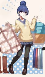  1girl black_pantyhose blue_hair blue_skirt boots breasts brown_boots brown_shoes closed_mouth collarbone commentary_request commission full_body hair_bun highres holding holding_unworn_clothes jacket looking_at_viewer pantyhose patterned_background plaid_clothes plaid_skirt purple_hair school_uniform shima_rin shoes single_hair_bun skeb_commission skirt small_breasts smile solo solokitsune sweater unworn_boots unworn_clothes unworn_jacket violet_eyes yellow_sweater yurucamp 