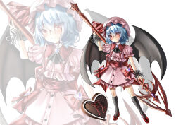  1girl absurdres arm_up ascot bat_wings black_ascot black_socks black_wrist_cuffs blue_hair blush bow brooch candy chocolate closed_mouth food frilled_shirt frilled_sleeves frilled_wrist_cuffs frills full_body hair_between_eyes hat heart heart-shaped_chocolate heart-shaped_food heart-shaped_gem highres holding holding_polearm holding_weapon hyaruri jewelry looking_at_viewer mary_janes mixed-language_commentary mob_cap nail_polish pink_hat pink_shirt pink_skirt polearm puffy_short_sleeves puffy_sleeves red_eyes red_nails red_sash red_shoes remilia_scarlet sash shirt shoes short_hair short_sleeves skirt skirt_bow skirt_set smile socks solo spear_the_gungnir standing touhou valentine weapon white_background wings wrist_cuffs zoom_layer 