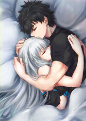  1boy 1girl absurdres black_dress black_hair blush breasts closed_eyes commentary_request cuddling dress fate/grand_order fate_(series) fujimaru_ritsuka_(male) grey_hair highres large_breasts long_hair long_sleeves looking_at_viewer morgan_le_fay_(fate) muscular on_bed ringozuki shared_bed shared_blanket shirt short_hair sleeping sleeping_together smile two-tone_dress under_covers very_long_hair 