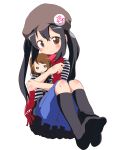  black_hair blush brown_eyes character_doll doll doll_hug feet hat hirasawa_yui k-on! kneehighs long_hair massala nakano_azusa no_shoes scarf sitting smile solo twintails 