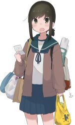  1girl absurdres anchor bag black_hair brown_cardigan brown_jacket cardigan commentary_request fubuki_(kancolle) highres jacket kantai_collection long_sleeves looking_at_viewer ma_rukan open_mouth paper plastic_bag pleated_skirt ponytail sailor_collar school_uniform serafuku shirt short_hair skirt smile solo white_shirt 