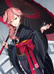  1girl absurdres alternate_hair_length_(longer) black_kimono black_sash blue_eyes bow collared_kimono collared_shirt commentary_request drill_hair drill_ponytail dutch_angle earclip earrings facing_viewer furisode hair_over_shoulder head_wings highres holding holding_umbrella hololive japanese_clothes jewelry kimono lace-trimmed_kimono lace_trim long_hair looking_at_hand looking_to_the_side low_side_ponytail miei missing_headwear nail_polish no_scarf obi official_alternate_costume official_alternate_hairstyle oil-paper_umbrella outdoors parted_hair pink_hair pink_wings red_lips red_nails red_sash ringed_eyes sash shirt side_drill side_ponytail single_earring snow snowing solo star_(symbol) star_earrings striped_clothes striped_kimono takane_lui takane_lui_(new_year) umbrella undershirt vertical-striped_clothes vertical-striped_kimono virtual_youtuber w_arms waist_bow white_shirt wide_sleeves wings 