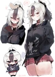  1girl absurdres black_choker black_hair black_horns black_jacket blue_archive chibi choker closed_mouth commentary_request grey_halo hair_between_eyes halo hand_on_another's_head hands_in_pockets highres horns inusaka jacket kayoko_(blue_archive) looking_at_viewer multicolored_hair multiple_views red_eyes simple_background standing thighs twitter_username two-tone_hair white_background white_hair 