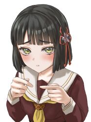  1girl absurdres black_hair blunt_bangs blunt_ends blush bob_cut brown_dress commentary dress embarrassed flower flower_knot green_eyes hair_flower hair_ornament hands_up hasu_no_sora_school_uniform highres index_fingers_together link!_like!_love_live! long_sleeves looking_at_viewer love_live! momose_ginko neckerchief pink_flower ponyou1030 raised_inner_eyebrows sailor_collar sailor_dress school_uniform short_hair simple_background solo upper_body virtual_youtuber white_background white_sailor_collar winter_uniform yellow_neckerchief 