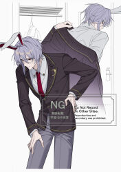  1boy absurdres animal_ears brown_jacket closed_mouth clothes_hanger collared_shirt commentary_request crescent crescent_pin genderswap genderswap_(ftm) grey_pants highres jacket male_focus multiple_views necktie nubezon pants purple_hair rabbit_boy rabbit_ears red_eyes red_necktie reisen_udongein_inaba shirt touhou undressing unworn_clothes watermark white_shirt 