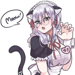  1girl :o alternate_costume animal_ears apron black_dress black_ribbon blush breasts cat_ears cat_girl cat_tail claw_pose commentary detached_collar dress english_text enmaided eyes_visible_through_hair fang frilled_apron frilled_sleeves frills glasses green_eyes hair_between_eyes hair_ribbon hand_up heart heaven_burns_red izumi_yuki kemonomimi_mode large_breasts looking_at_viewer low_side_ponytail maid maid_apron maid_headdress name_tag neck_ribbon open_mouth puffy_short_sleeves puffy_sleeves red_ribbon ribbon round_eyewear short_sleeves side_ponytail simple_background siromochino solo speech_bubble tail tail_raised upper_body v-shaped_eyebrows white_apron white_background white_wrist_cuffs wrist_cuffs 