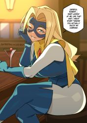  1girl absurdres amulet artist_name bar_(place) bar_stool blonde_blazer blonde_hair blue_eyes blue_gloves blue_mask blurry blurry_background cape cocktail_glass crossed_legs cup dispatch domino_mask door drinking_glass english_commentary english_text eye_mask gem gloves hand_on_own_face highres lamp leaning_on_table leaning_to_the_side leotard_over_bodysuit lips long_hair looking_at_viewer martini mask muscular muscular_female nisego one_eye_closed parted_bangs patreon_username red_gem short_cape simple_background sitting solo speech_bubble stool superhero_costume upper_body yellow_cape 