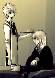  2boys alternate_costume apron art_trade cafe cake cake_slice checkered_clothes coffee_mug commentary cup english_commentary expressionless food hand_up holding holding_cup holding_tray illbewaiting kingdom_hearts kingdom_hearts_ii long_hair looking_at_another male_focus monochrome mug multiple_boys neck_ribbon pants popped_collar ribbon riku_(kingdom_hearts) roxas short_hair sitting spiky_hair standing sweater table tray upper_body vest waiter yellow_theme 