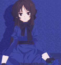  1girl blue_dress blue_flower blue_rose brown_eyes brown_hair dress expressionless flower gloves hamayakikaijo highres holding holding_flower idolmaster idolmaster_cinderella_girls long_hair looking_at_viewer parted_lips rose sitting solo tachibana_arisu 