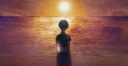  1girl black_hair black_pants crop_top from_behind fujinomiya_chitose_(ryuu_ga_gotoku) highres kaori ocean pants ryuu_ga_gotoku_(series) ryuu_ga_gotoku_8 short_hair simple_background solo sun sunset 